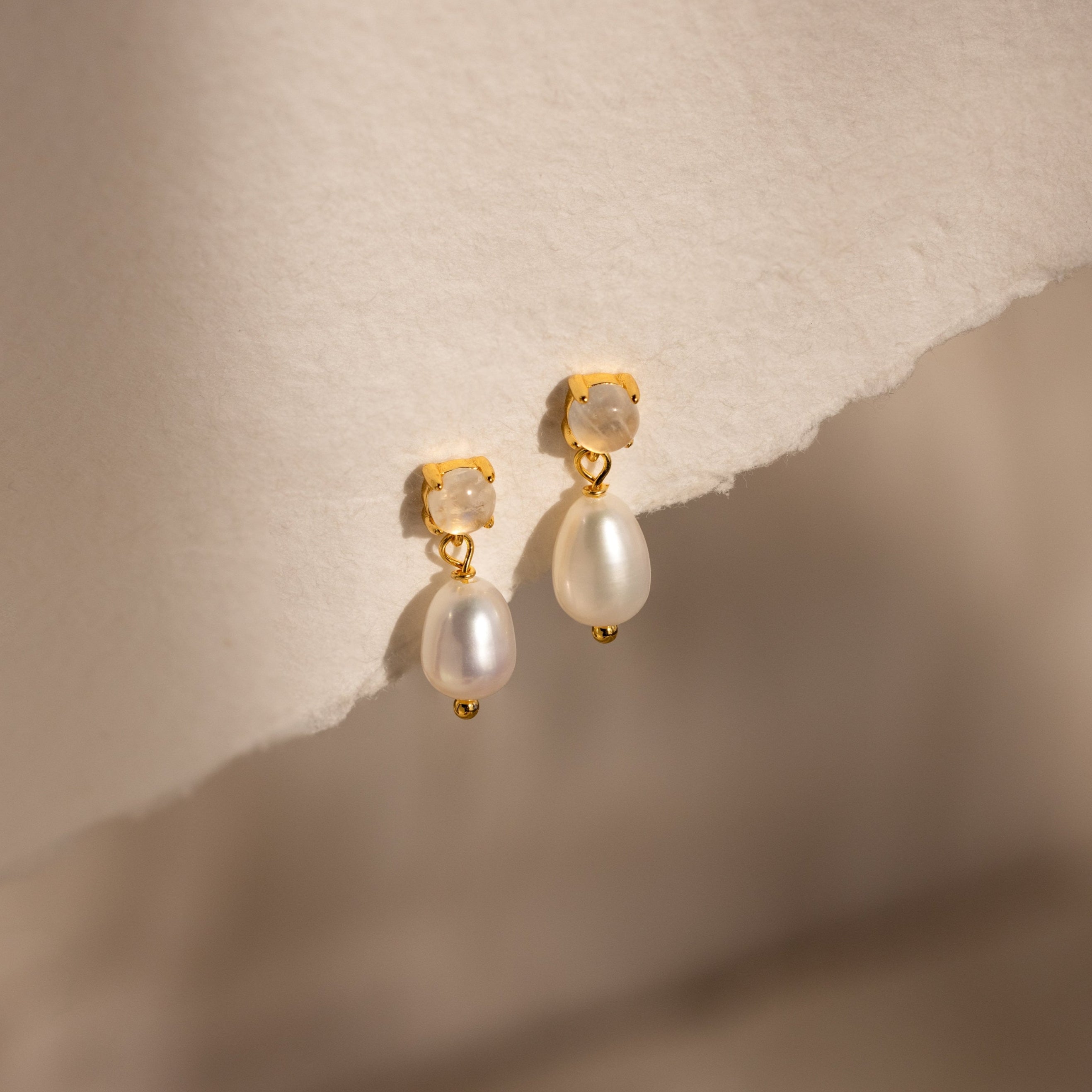 Moonstone Pearl Drop Earrings 18K Gold
